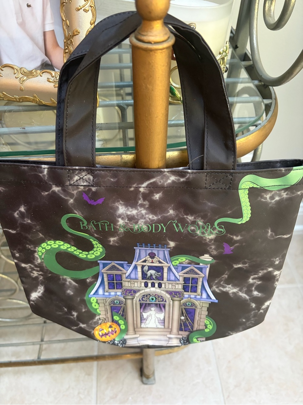 Bath & Body Works Black Tote Bag with Green Tentacles and Purple Accents NWT